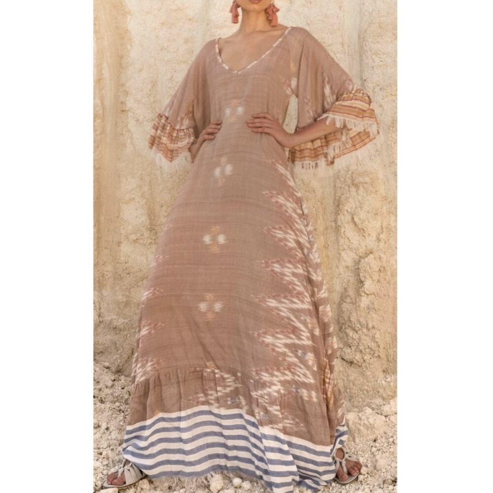 ERIKA PENA Tribal E Margarita Long Ikat maxi fringe ruffle dress in caffe XS NEW - Picture 9 of 9